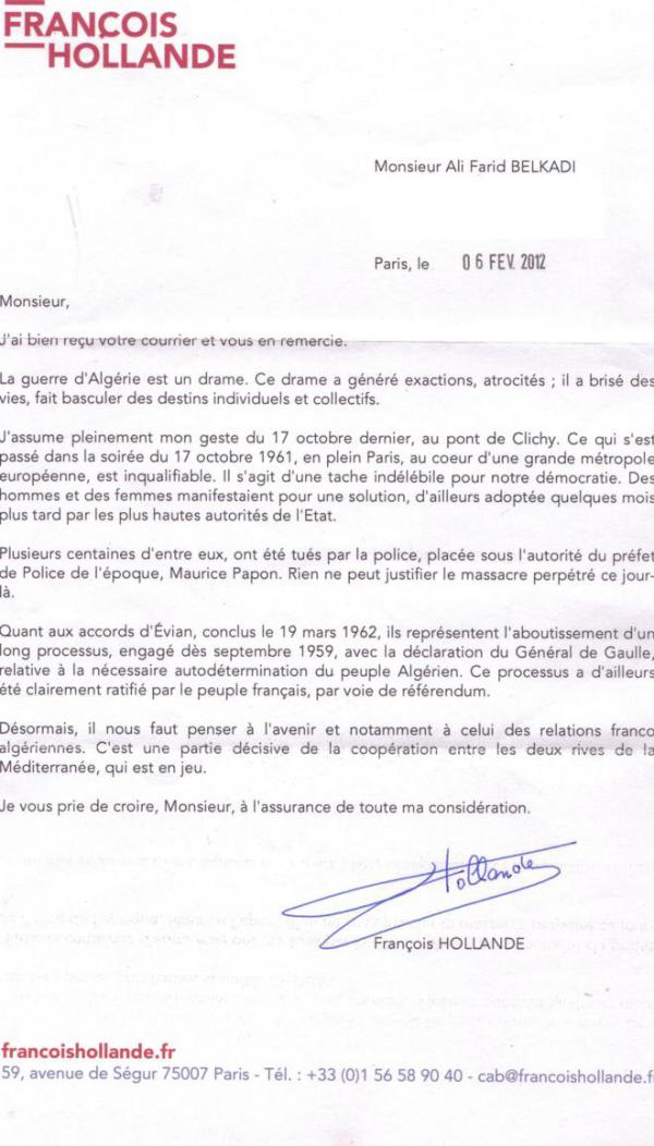 Lettre de François Hollande