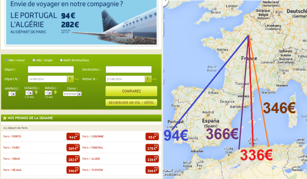 Tableau comparatif des tarifs des vols d'Aigle Azur.