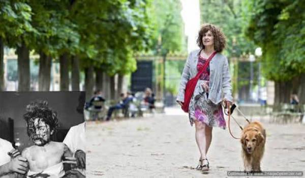 En médaillon: Delphine Renard, fillette, victime de l'attentat qui visait le domicile d'André Malraux, le 7 février 1962. Mai 2012. Phèdre, son chien guide, l’accompagne chaque jour dans le jardin du Luxembourg.