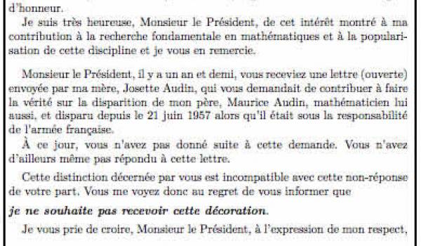  La lettre de Michèle Audin à Nicolas Sarkozy