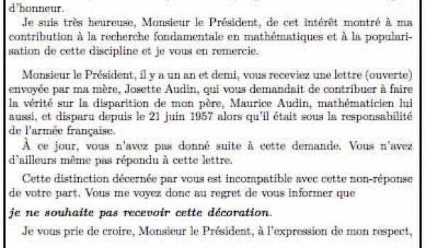 La lettre de Michèle Audin à Nicolas Sarkozy